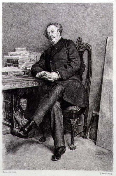 Alexandre Dumas fils (1824-95), ranskalainen kirjailija ja näytelmäkirjailija, kaiverrus A Mongin (kaiverrus) tekijältä Jean Louis Ernest (after) Meissonier