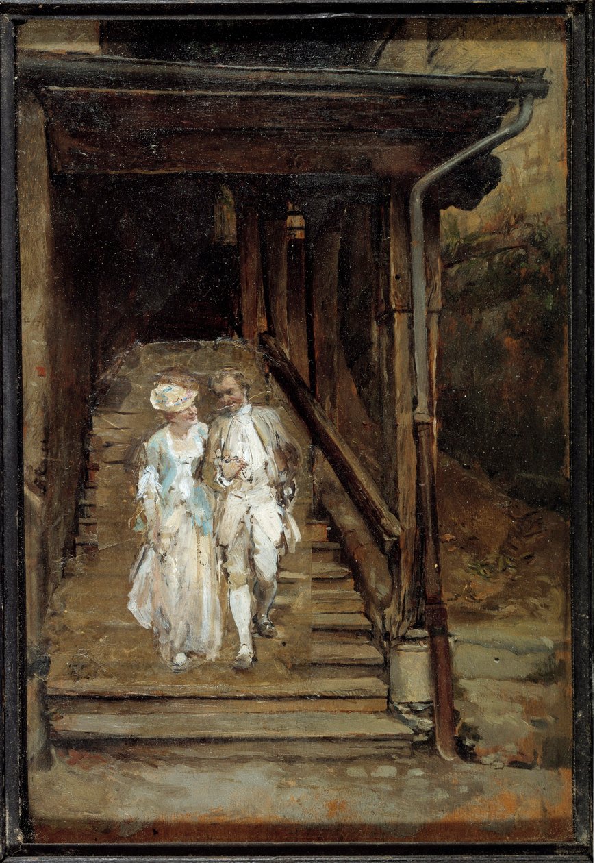 Cathedrale de Lausannen puiset portaat eli "" Filosofi Jean Jacques Rousseau ja madame de Warens"" Jean Louis Ernest Meissonier (1815-1891) maalaus 1800-luvun su. 0,2x0,14 m tekijältä Jean Louis Ernest Meissonier