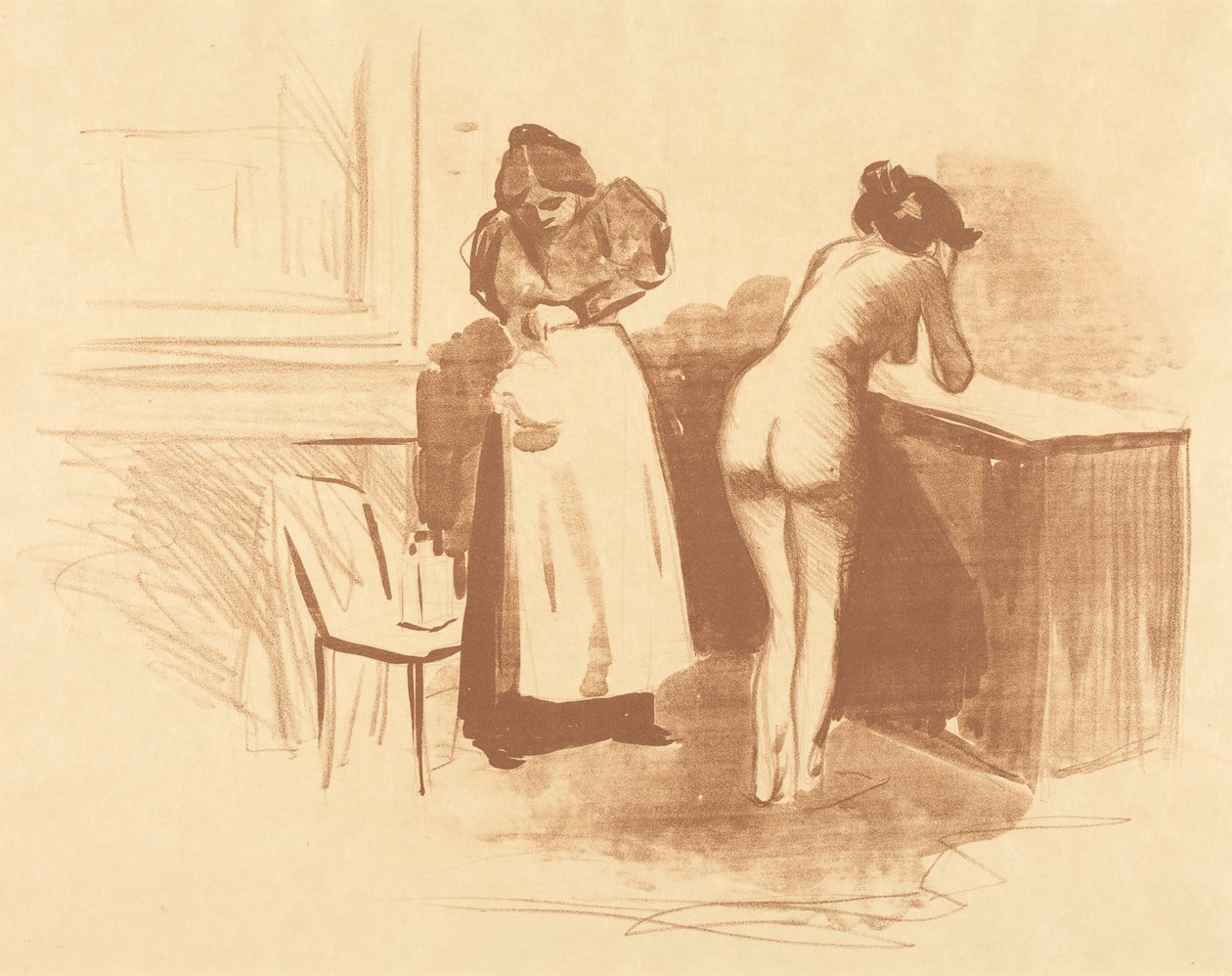 Kitka karvakäsineellä (vesiväri- ja viivapiirros) (The Massage with Coarse Hair Glove) (Wash and Line plate) tekijältä Jean-Louis Forain