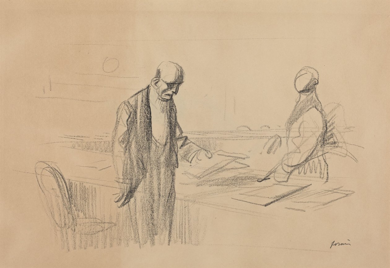a) Konferenssissa (etupuoli); b) Makaava hahmo (takapuoli) tekijältä Jean-Louis Forain