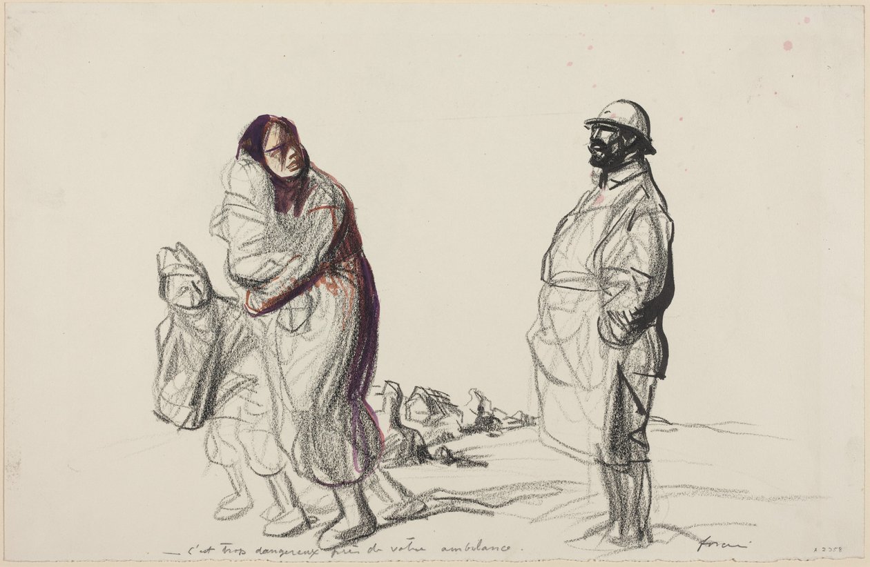 a) Se on liian vaarallista lähellä kenttäsairaalaanne (etupuoli); b) Tutkielma äidistä ja lapsista (kääntöpuoli) tekijältä Jean-Louis Forain