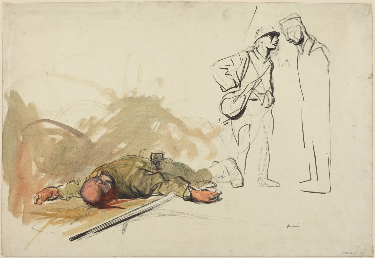 a) Kuollut saksalainen sotilas (etupuoli); b) Sotilaan pää (takapuoli) tekijältä Jean-Louis Forain