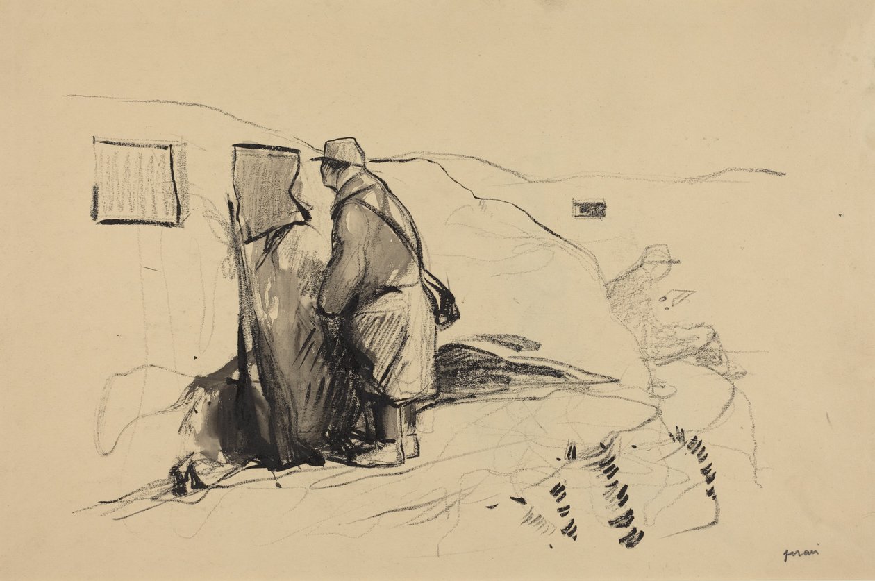 a) ”In the Trenches” (etupuoli); b) Luonnos teokseen ”In the Trenches” (takapuoli) tekijältä Jean-Louis Forain