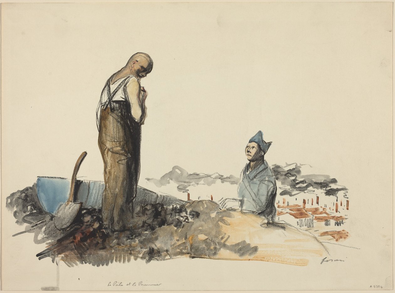 a) Le Poilu et Prisonnier (Poilu ja vanki) (etupuoli); b) Vangin luonnos (takapuoli) tekijältä Jean-Louis Forain