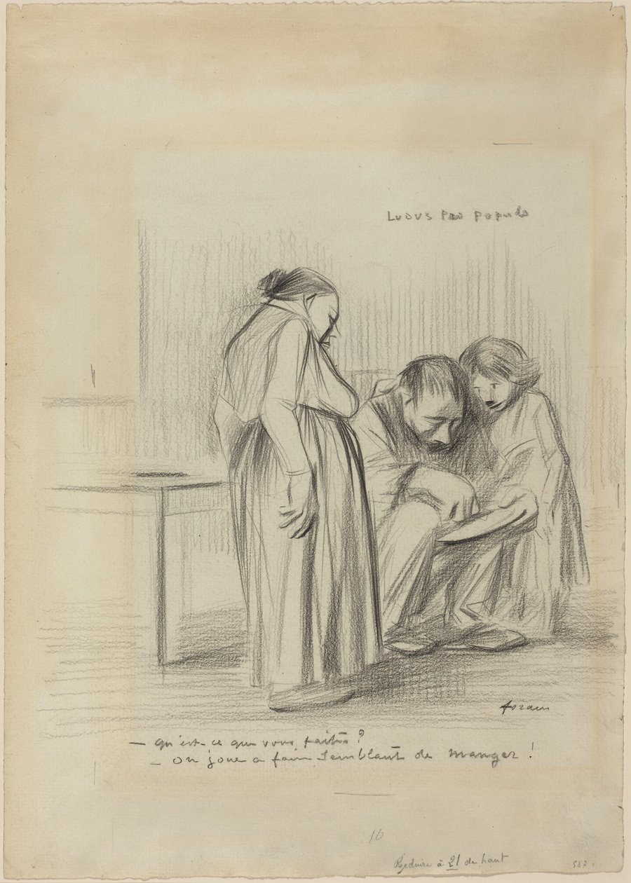 a) Kansan peli (etupuoli); b) Miehen pää (takapuoli) tekijältä Jean-Louis Forain