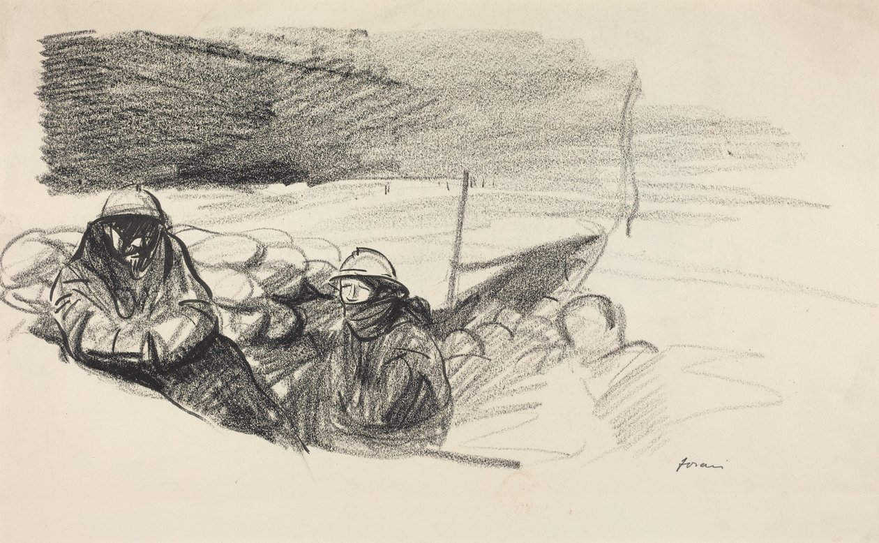 a) Kaksi sotilasta juoksuhaudassa (etupuoli); b) Sisätila, jossa hahmoja istuu pöydän takana (kääntöpuoli) tekijältä Jean-Louis Forain
