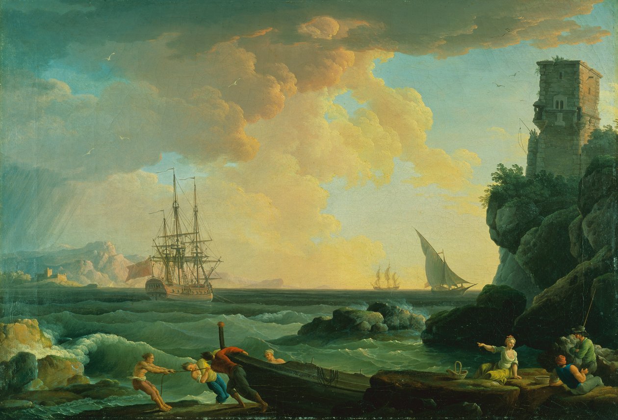 Välimeren satamakuva kalastajien kanssa tekijältä Jean (1734-1784) Henry