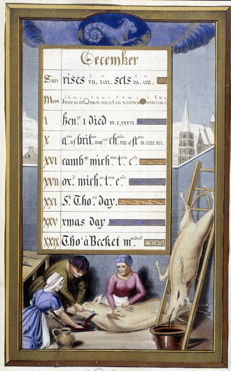 Joulukuu ja Kauriin merkki: tapamme sian - Faksimile of the Hours of Bretagnen Anne, Jean Bourdichon tekijältä Jean (after) Bourdichon