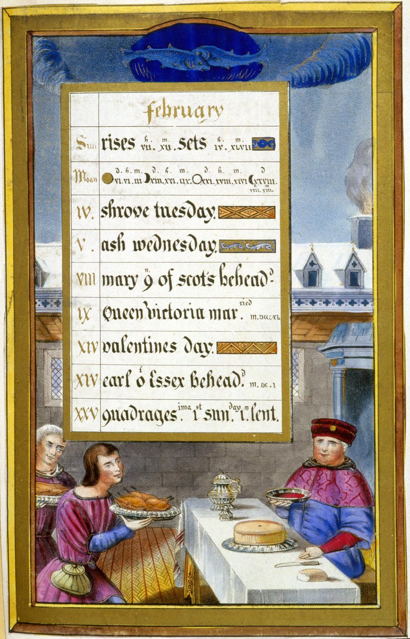 Helmikuu: Ateriakohtaus (kala) - faksimile Hours of Bretagnen Annesta, kirjoittanut Jean Bourdichon tekijältä Jean (after) Bourdichon