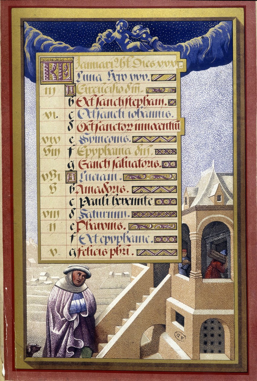Tammikuu: Talo talvella (Aquarius) - faksimile Hours of Bretagnen Annesta, kirjoittanut Jean Bourdichon tekijältä Jean (after) Bourdichon