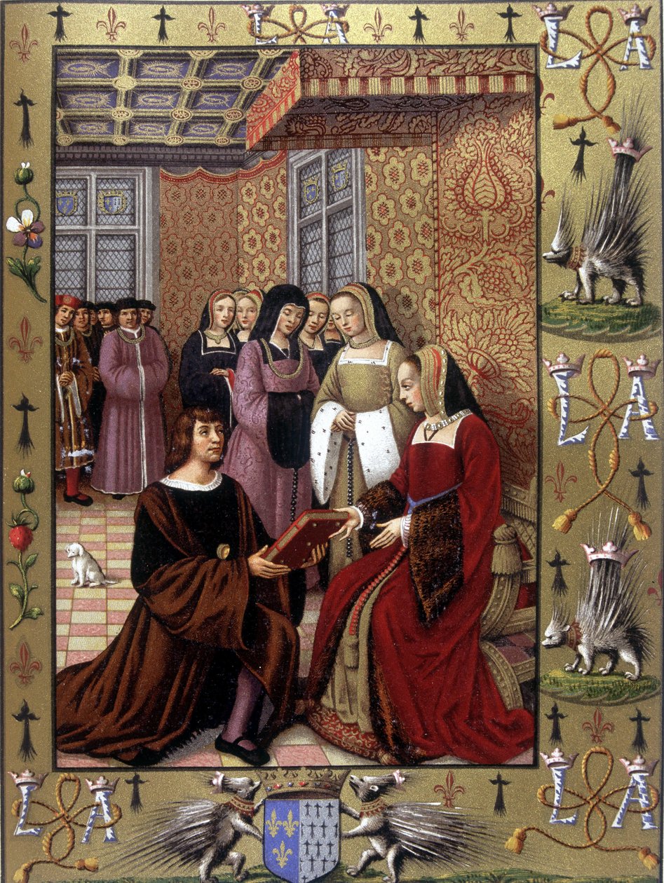 Jean Marot tarjoaa kirjansa Le Voyage de Genes Bretagnen kuningatar Annelle Jean Bourdichonin valaistuksen jälkeen, noin 1508 tekijältä Jean (after) Bourdichon