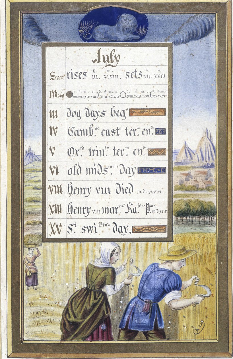Heinäkuu: sato (leijona) - faksimile Hours of Bretagnen Annesta, kirjoittanut Jean Bourdichon tekijältä Jean (after) Bourdichon