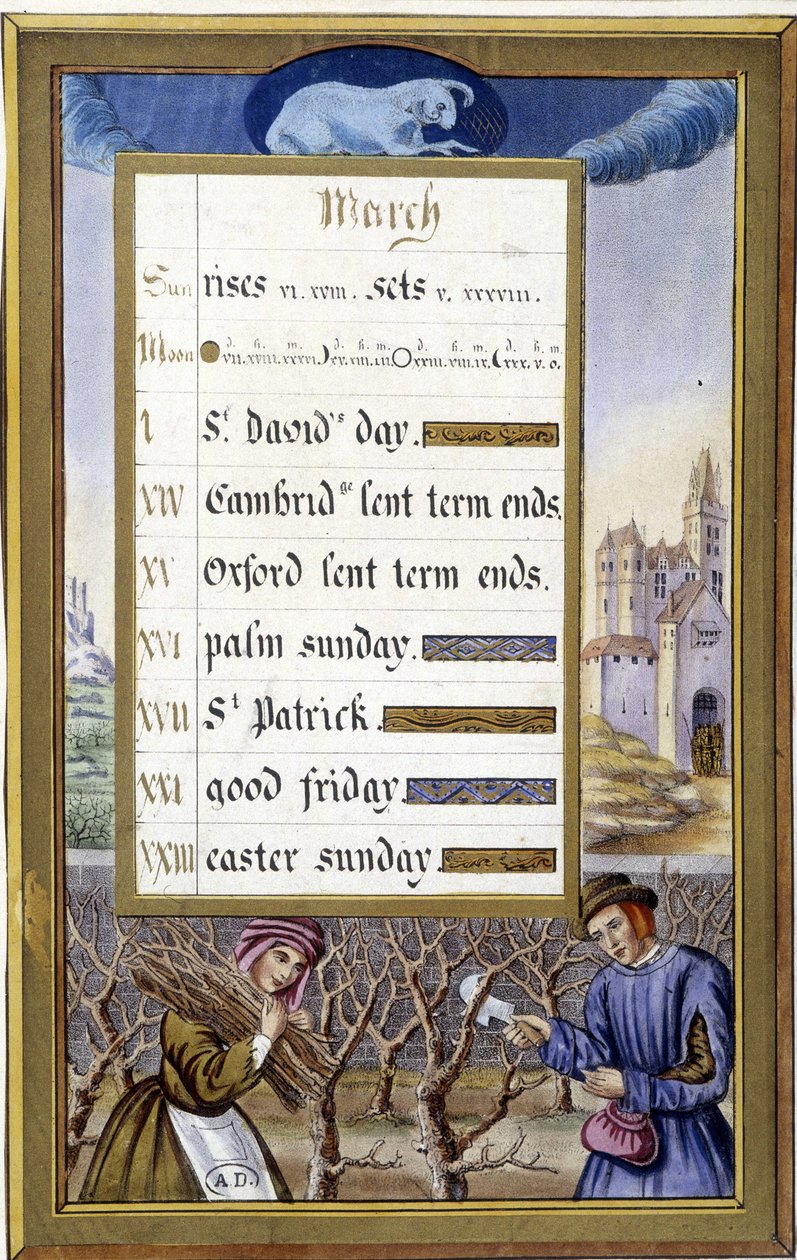 Maaliskuu: Tree Size (Belier) - faksimile Hours of Bretagnen Annesta, kirjoittanut Jean Bourdichon tekijältä Jean (after) Bourdichon
