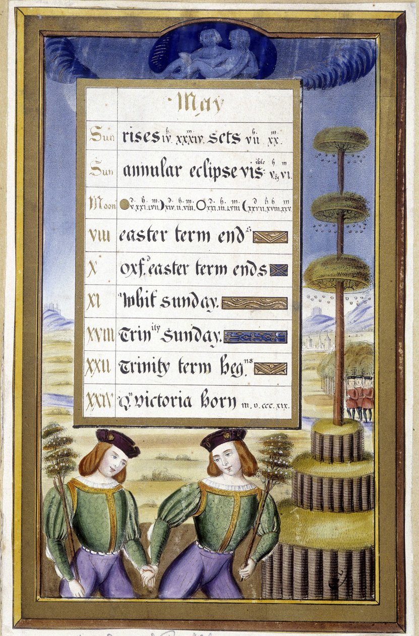 Toukokuu: Toukokuun puu (Gemeaux) - faksimile Hours of Bretagnen Annesta, kirjoittanut Jean Bourdichon tekijältä Jean (after) Bourdichon