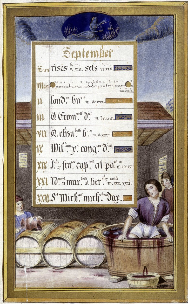 Syyskuu: sadonkorjuu ja Neitsyen merkki - Jean Bourdichonin "" Faksimile of the Hours of Anne of Bretagne" tekijältä Jean (after) Bourdichon