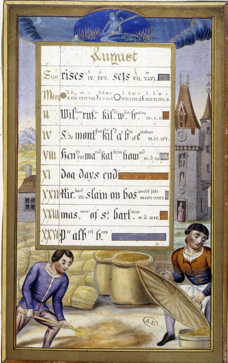 Sadonkorjuu (neitsyen merkki) - faksimile Hours of Bretagnen Annesta, kirjoittanut Jean Bourdichon tekijältä Jean (after) Bourdichon