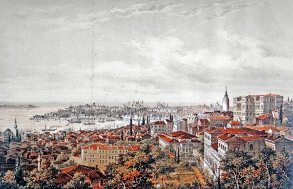 Konstantinopolin yleisnäkymä, noin 1850 (värilitro) tekijältä Jean (after) Brindesi