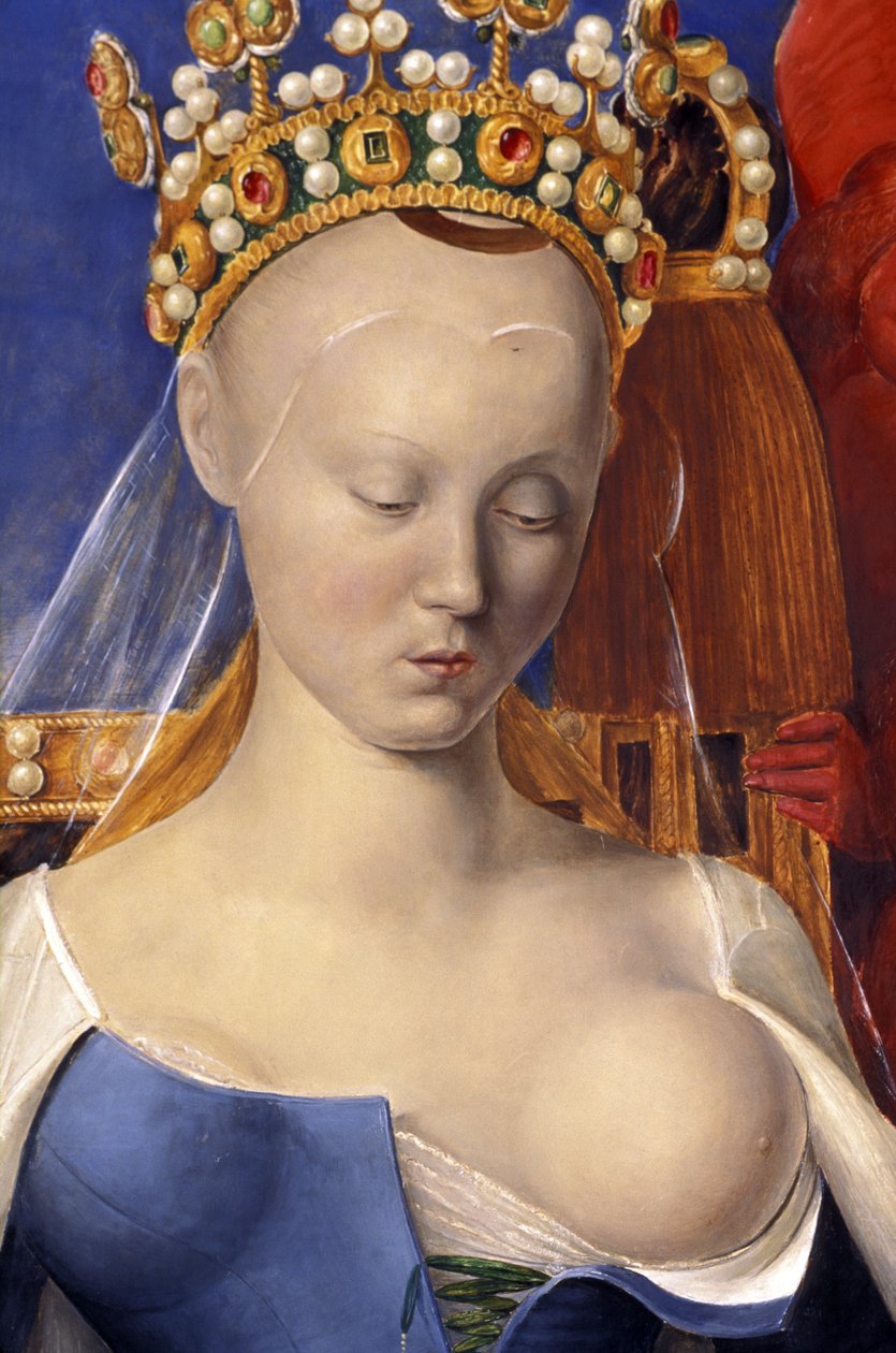 Yksityiskohta imettävästä neitsytestä, joka on kuvattu Agnes Sorelina (Antwerpenin neitsyen mukaan, kirjoittanut Jean Fouquet, noin 1452-1455) tekijältä Jean (after) Fouquet