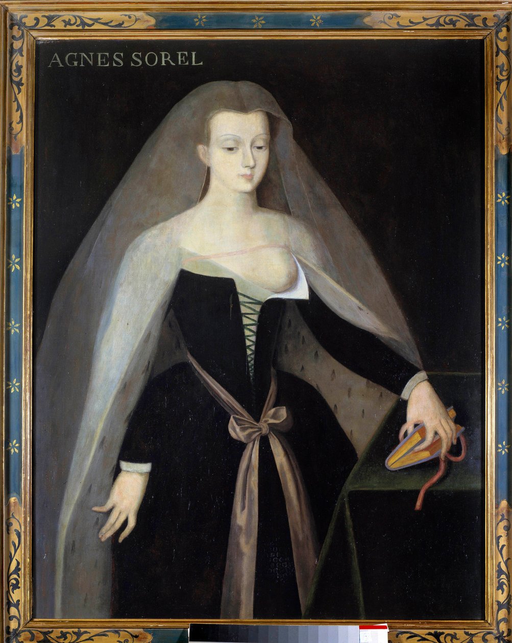 Agnes Sorelin (1422-1450) muotokuva (Beaute sur Marnen rouva) (Beaute-sur-Marne), kuningas Kaarle VII:n (1422-1461) suosikki. Hänen rintansa on alaston. Maalaus Jean Fouquet