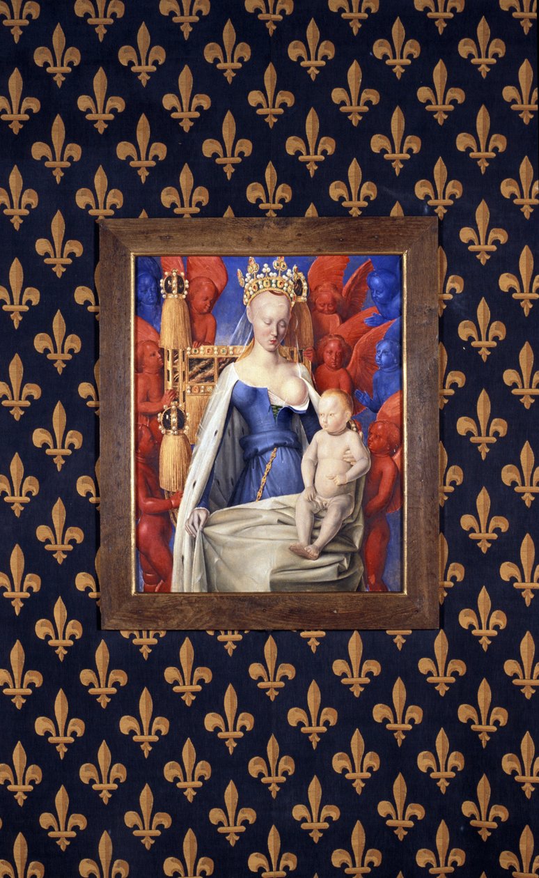 Imettävä neitsyt hermellineittisessä takissa kuvattuna Agnes Sorelina - (Antwerpenin neitsyen mukaan, Jean Fouquet, noin 1452-1455) tekijältä Jean (after) Fouquet