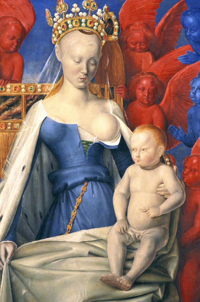 Imettävä neitsyt hermellineittisessä takissa kuvattuna Agnes Sorelina - yksityiskohta - (Antwerpenin neitsyen mukaan, Jean Fouquet, noin 1452-1455) tekijältä Jean (after) Fouquet
