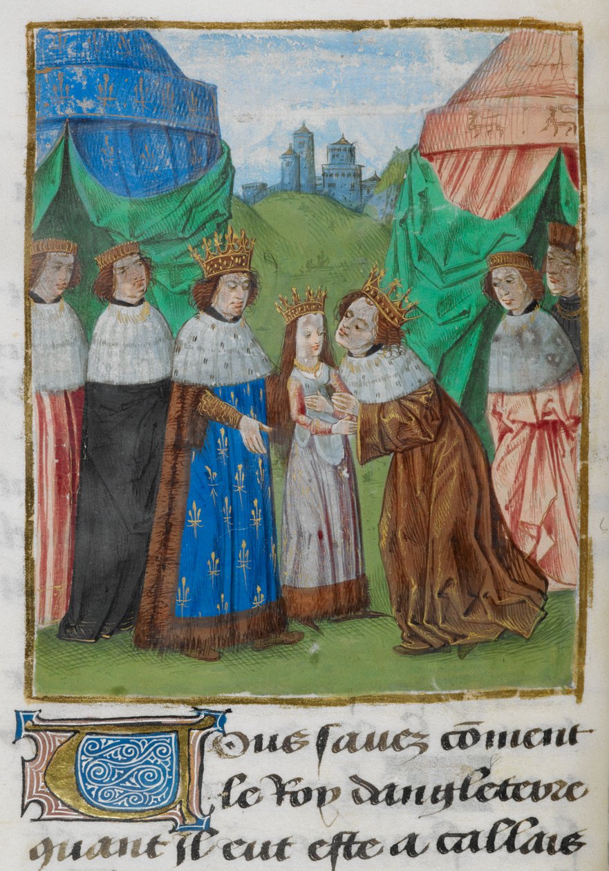 Englannin kuningas Richard II vastaanottaa morsiamensa Isabellan isältään, Ranskan kuninkaalta Kaarle VI:ltä, kuva Chroniques de France et d