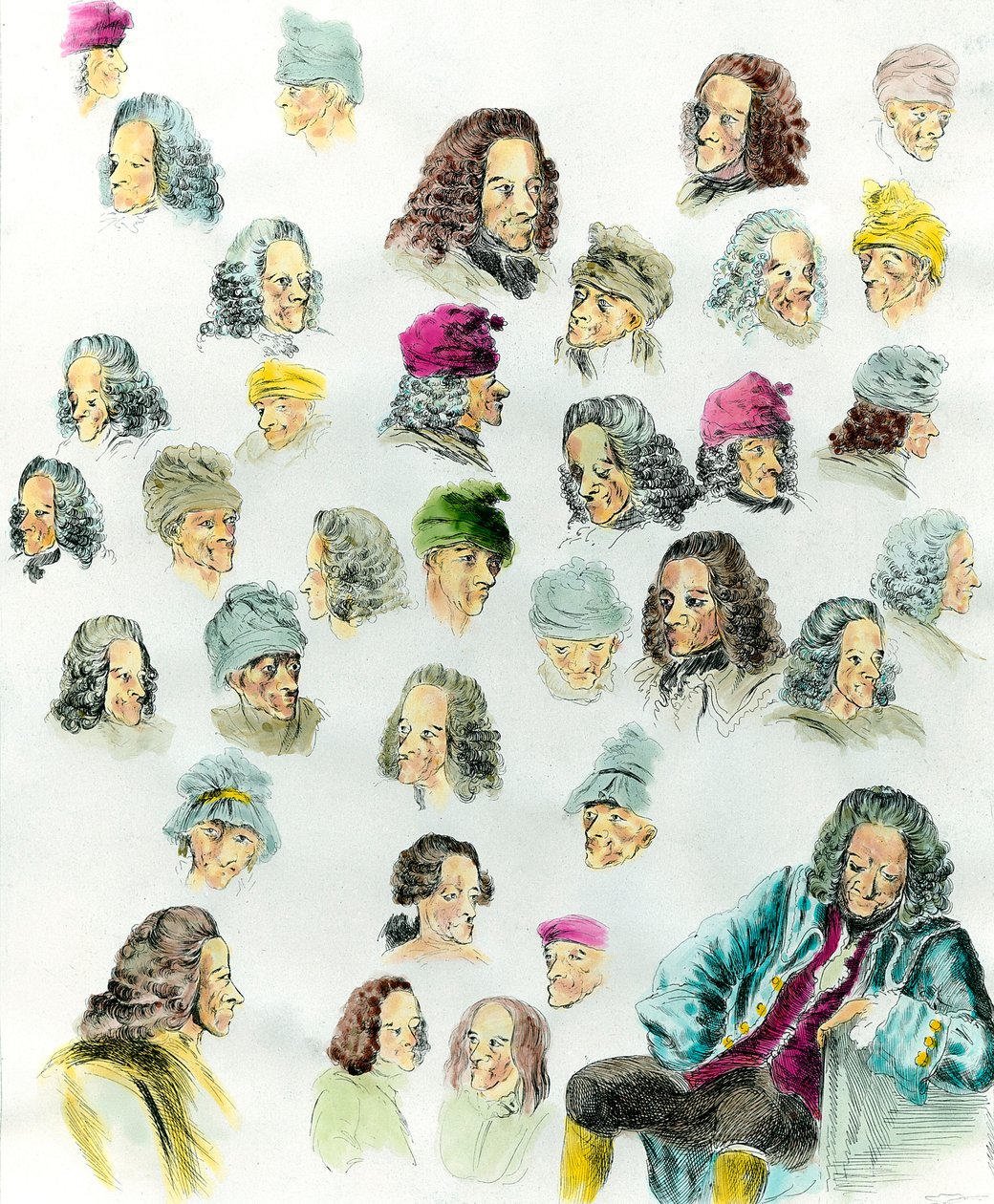 Jean Huberin (1721-1786) 1700-luvun maalausten jälkeen tehdyt kirjailija Francois Marie Arouet de Voltairen (1694-1778) erilaiset ilmeet ja hiustyylit tekijältä Jean (after) Huber