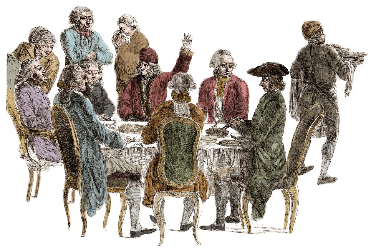Filosofien illallinen - Voltaire (Francois Marie Arouet tekijältä Jean (after) Huber
