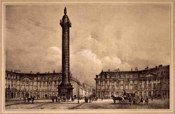 Näkymä Trajanuksen sarakkeen kopiosta Place Vendomessa, julkaisija Auguste Bry (litho) tekijältä Jean (after) Jacottet