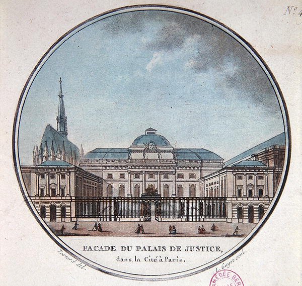 Palais de Justicen julkisivu, n. 1785 (värilitho) tekijältä Jean (after) Testard
