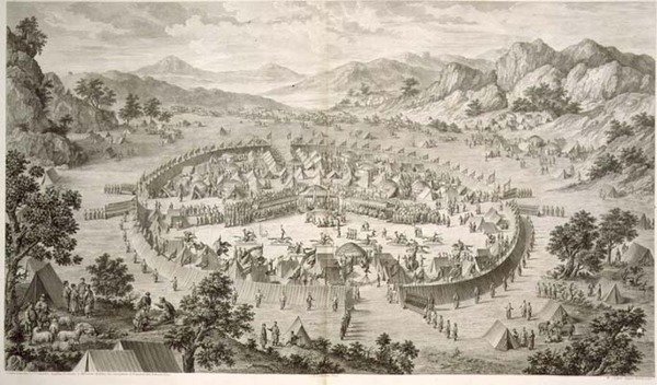 Tchao-Hoei miehittää joukkojaan harjoituksilla ja sotilaspeleillä vuonna 1758, levy 5 Kiinan keisarin Qianlongin valloitusten sarjasta, kaiverrettu Pierre Philippe Choffard (1730-1809) 1772 (kaiverrus) tekijältä Jean (d.1781) (after) Damascene