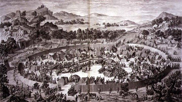 Tchao-Hoei leirissään Yerechimin muurien alla vastaanottaa kaupungin ja maakunnan asukkaiden kunnianosoituksen heinäkuussa 1759, levy 4 Kiinan keisarin Qianlongin valloitusten sarjasta, Pierre Philippe Chon kaivertama. tekijältä Jean (d.1781) (after) Damascene
