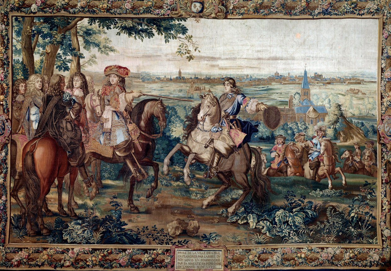Jatkuu Histoire du Roista: "" Ludvig XIV:n Lillen vangitseminen, elokuu 1667 Saint Andrein pahvin jälkeen. Jean Mozinin työpajan maalaus (1600-luku) Gobelinsin tehtaalla. Himmeä. 3,7x5,5 m. Versailles, linnamuseo tekijältä Jean (workshop) Mozin