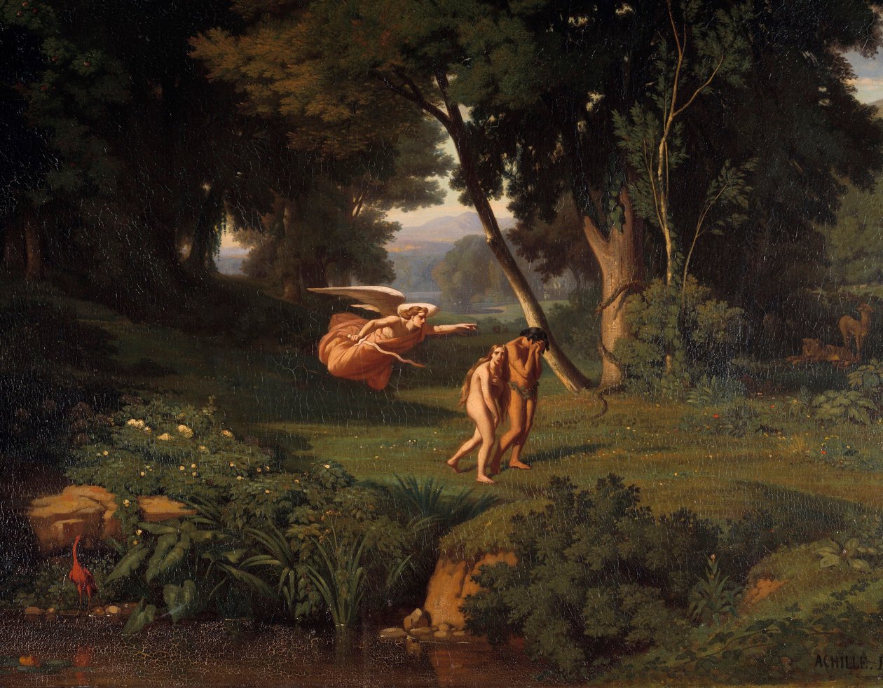 Adam ja Eve Chasse du Paradis Achille Benouvillen (1815-1891) maalaus 1841 su. 1,45x1,46 m Besancon, Kuvataidemuseo tekijältä Jean Achille Benouville