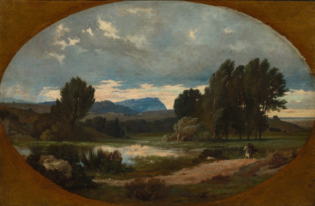 Maisema ratsastajan kanssa valkoisella hevosella, 1846. tekijältä Jean Achille Benouville