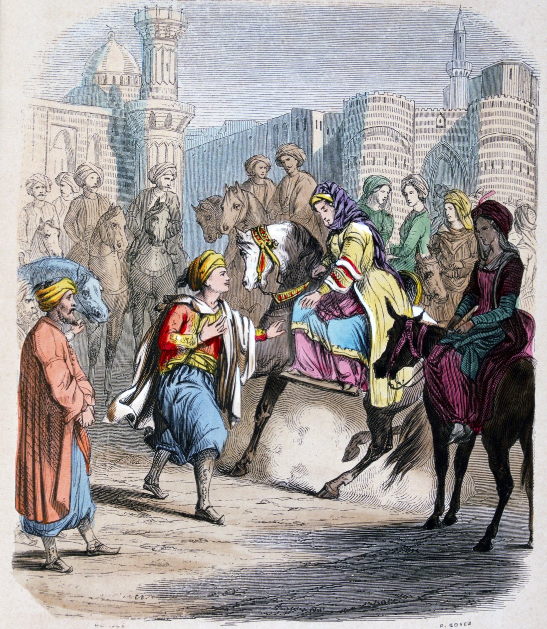 Emina Nosratli attend son fils victorieux Ibrahim Pacha (1789-1848), de retour au Caire apres la campagne arabe en 1818 - Emina El Nosratli (Ibrahim Pashan äiti) odottaa poikansa voittoisaa paluuta Kairoon arabialaisen sotaretken jälkeen 1818. Akvarelli tekijältä Jean Adolphe Beauce