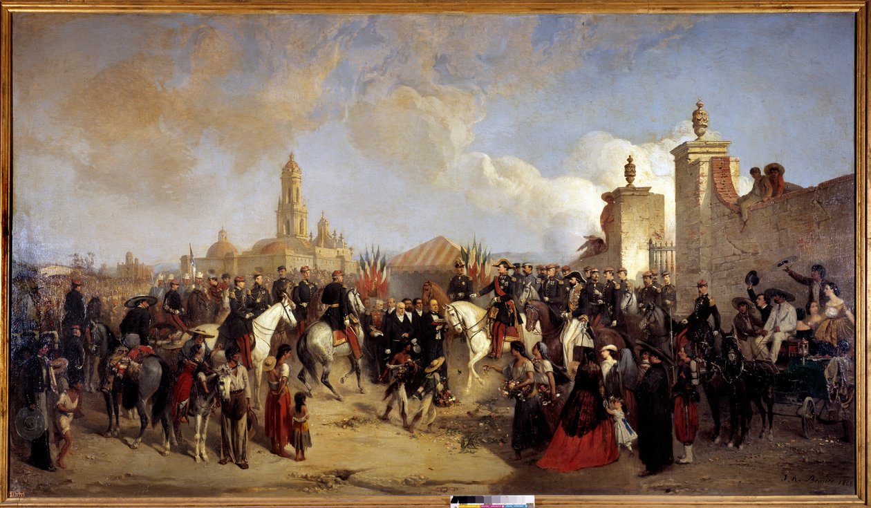 Meksikon retkikunta (1861-1867): "" Astui Ranskan retkikuntaan Mexico Cityssä 10.6.1863, kenraali Forey saa prefet Azcartelta kaupungin avaimet""" Jean Adolphe Beaucen (1818-1875) maalaus 1868 Su. 2,15x3,75 m. tekijältä Jean Adolphe Beauce