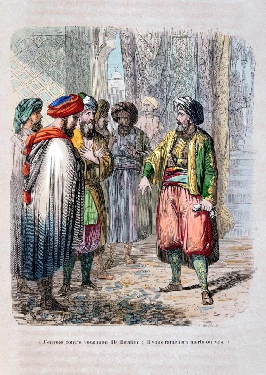 Muhammad Ali lähettää poikansa Ibrahim Pashan tukahduttamaan Saudi-Arabian kapinan, 1811-1818, 1847 tekijältä Jean Adolphe Beauce