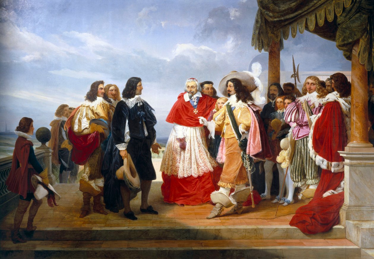 Roomasta saapuva ranskalainen taidemaalari Nicolas Poussin esittelee kardinaali Richelieu Ludvig XIII:lle Ranskan kuninkaalle, yksityiskohta tekijältä Jean Alaux