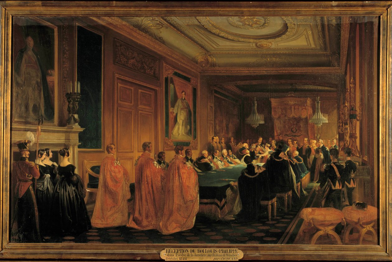 Kuningatar Victoria (1819-1901) vastaanottaa kuningas Louis-Philippe 1.:n (1773-1850) ritariksi Jarretieren järjestyksessä Windsorin linnassa tekijältä Jean Alaux