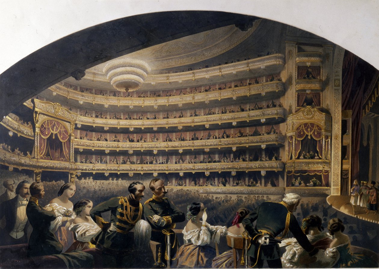 Yleisö laatikossa Bolshoi-teatterissa (Moskova, Venäjä). (Yleisö Bolshoi-teatterin laatikossa). Jean Alexandre Duruyn teoksia (1800-luku), litografia, 1800-luvun alku, ranskalainen taide, klassismi. Valtion teatteri- ja musiikkitaiteen museo, Saint Pe tekijältä Jean Alexandre Duruy