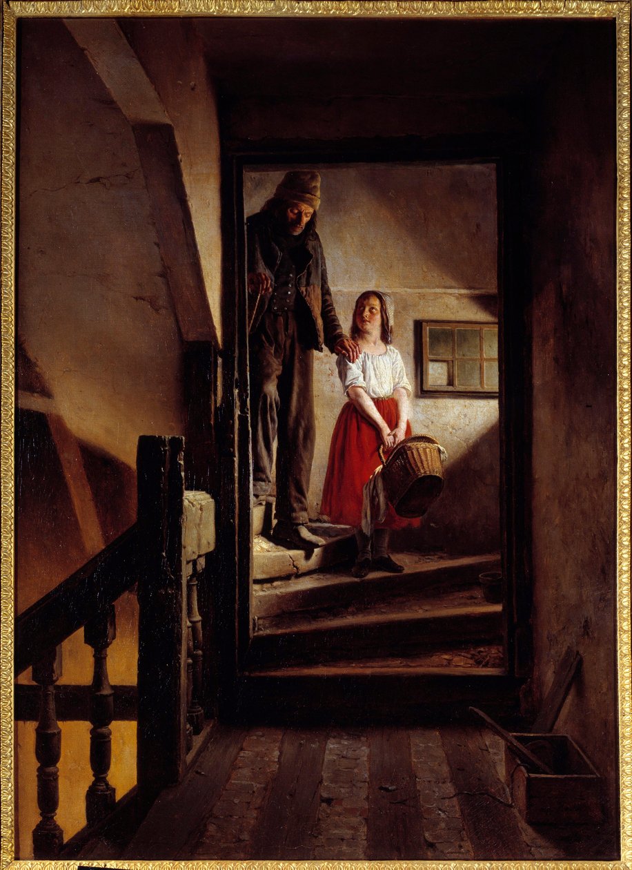 Vanhuuskeppi Pieni tyttö auttaa vanhaa miestä alas portaikkoa. Jean Alphonse Roehnin (1799-1864) maalaus 1852 Rouen, Musee des Beaux Arts tekijältä Jean Alphonse Roehn