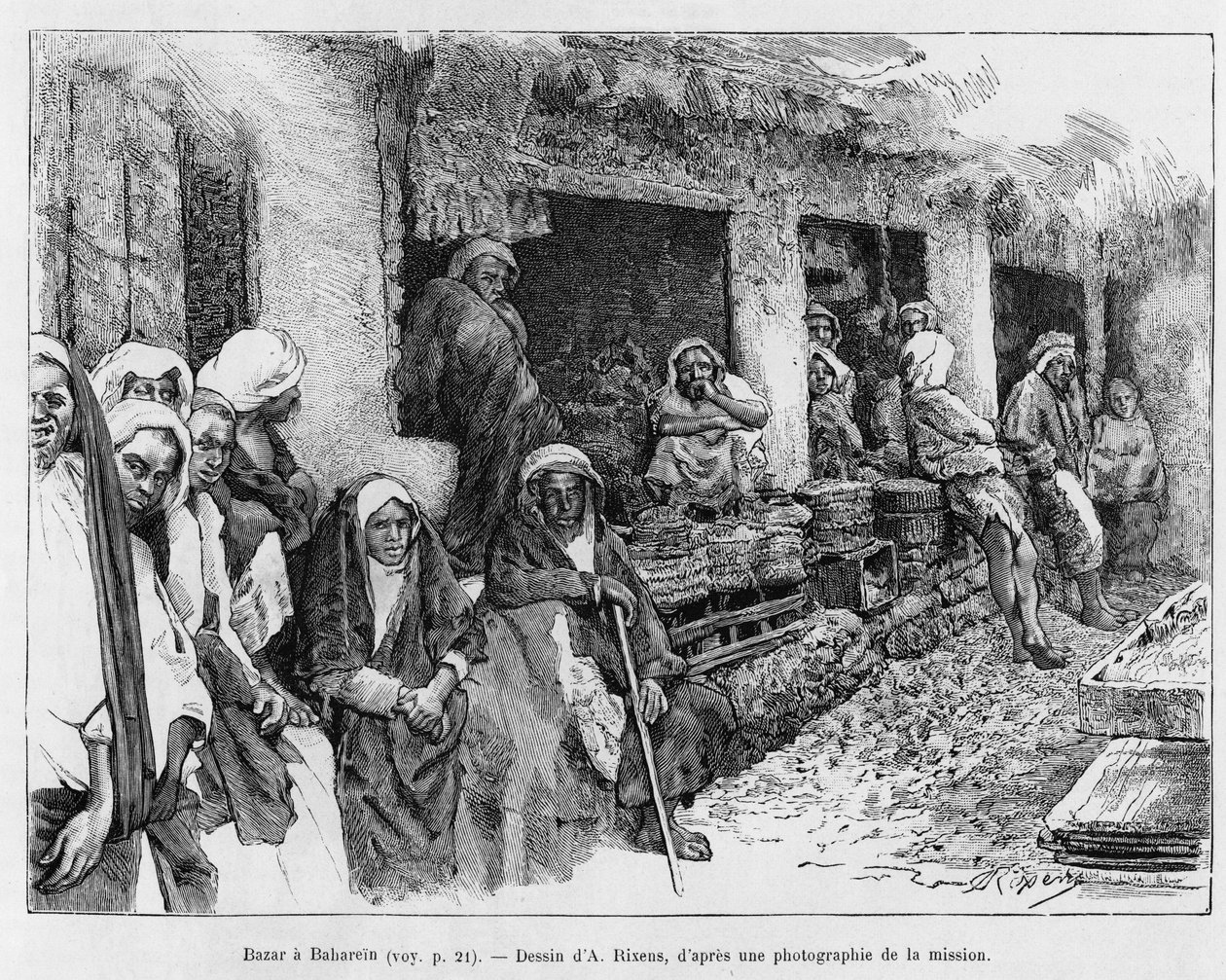 Bazaar Bahrainissa, Tšadissa. A.Rixensin kaiverrus havainnollistamaan tarinaa A Suse, journal des excavilles tekijältä Jean Andre Rixens