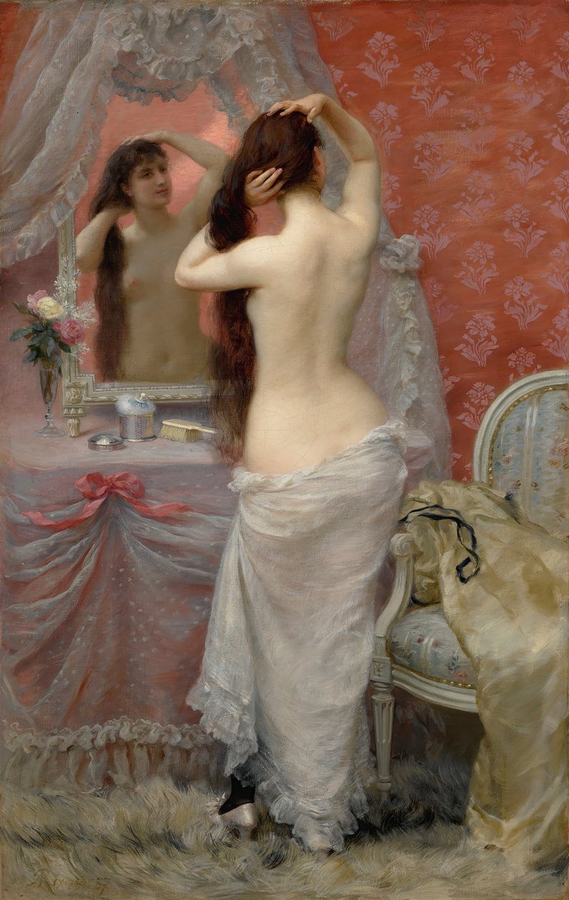 Alaston nuori nainen kampaamassa hiuksiaan sisätiloissa, 1887. tekijältä Jean Andre Rixens