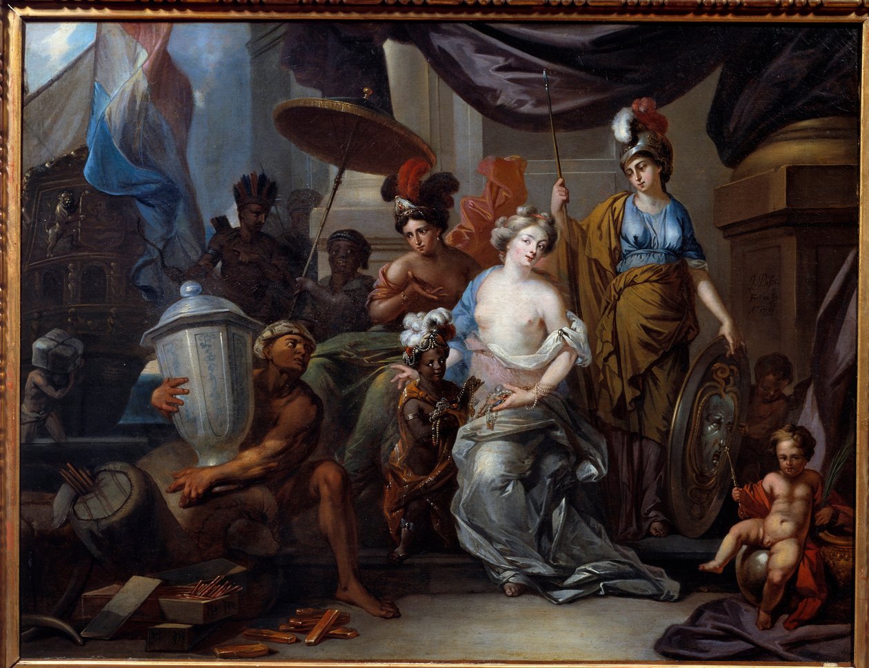 Amerikka tuo rikkautensa Eurooppaan Eurooppa Eurooppa, nuori vaaleanpunainen nainen, vastaanottaa Amerikasta intiaanit tuomassa hänelle eksoottista ruokaa. Jean Andreas Bisetin maalaus (1600-luku) La Rochelle, Musee du Nouveau monde tekijältä Jean Andreas Biset