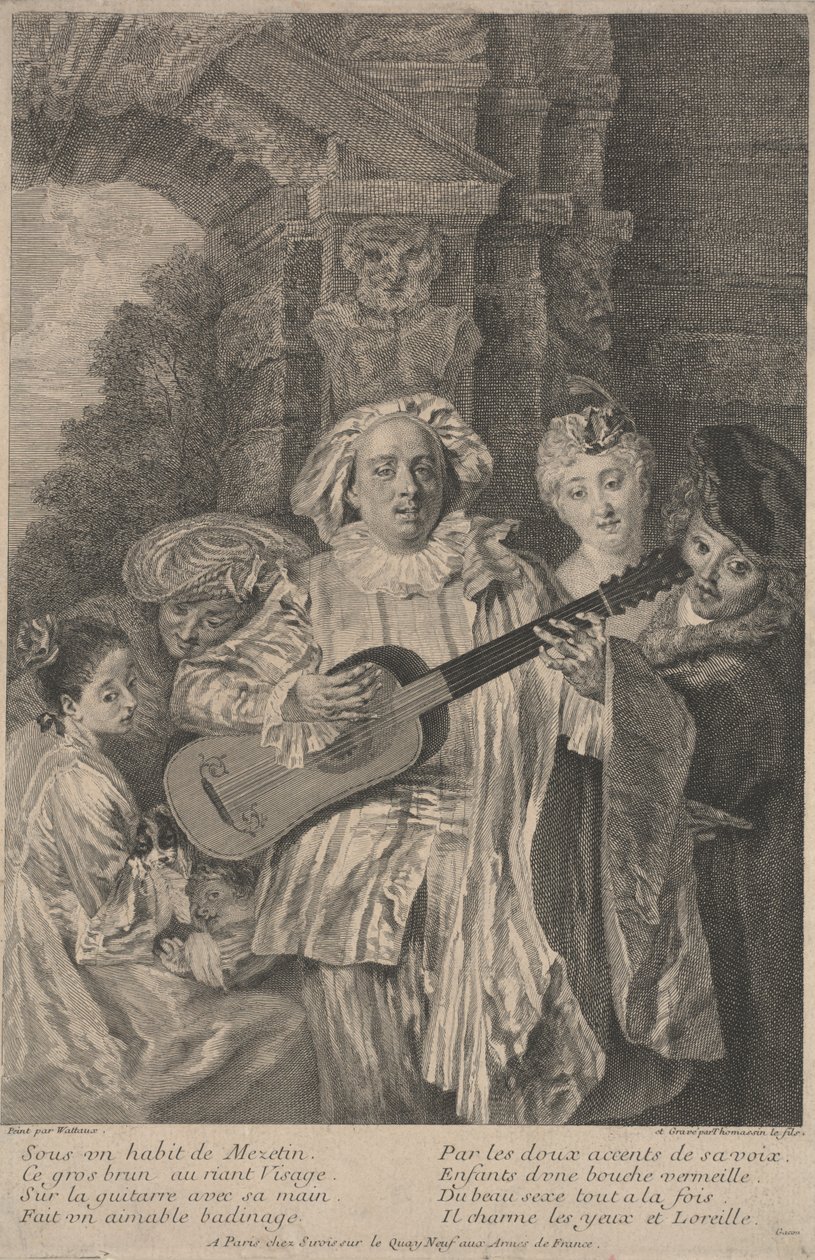 Mezetinin puvussa, printti Henri Simon Thomassin n. 1717-1726 (etsaus) tekijältä Jean Antoine (after) Watteau