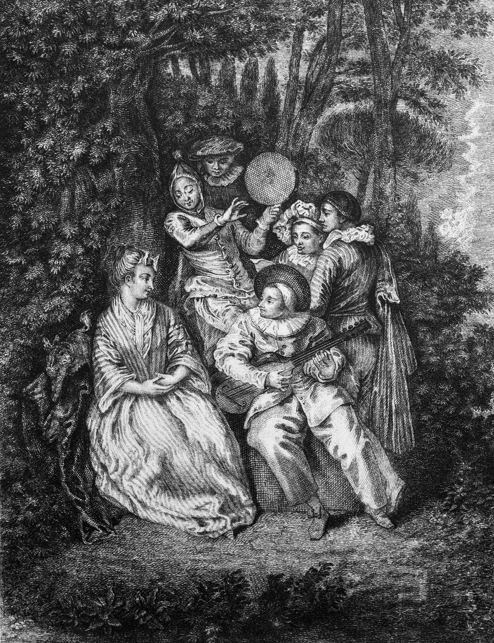 Gerard Jean Baptiste Scotinin (1671-1716) kaivertama italialainen serenadi Watteau- tekijältä Jean Antoine (after) Watteau