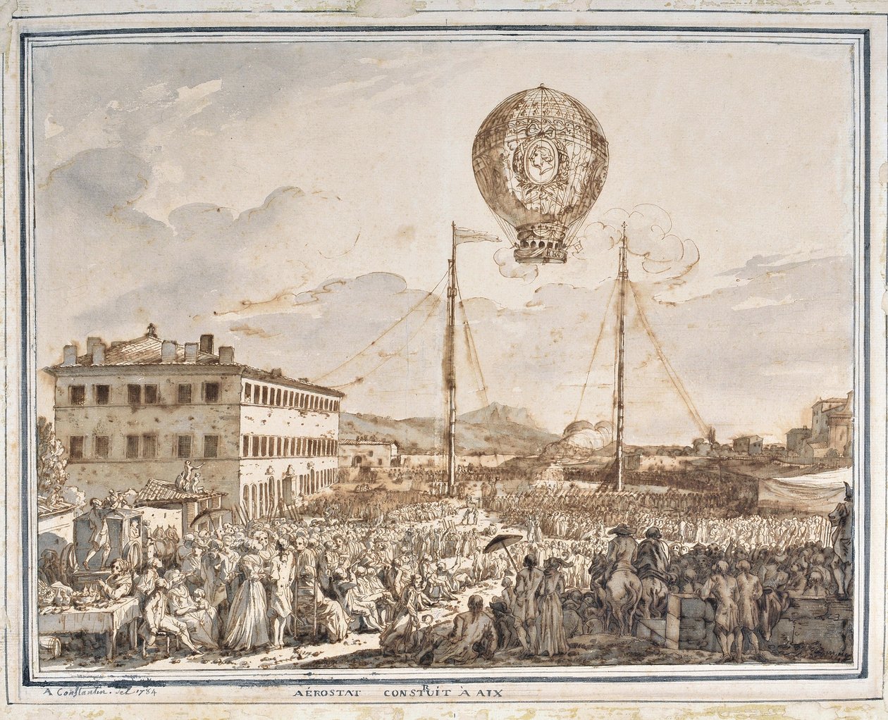 Aixissa rakennettu aerostaatti. Aix en provencessa rakennettu ilmapallo. Jean Antoine Constantinin piirustus Constantine d