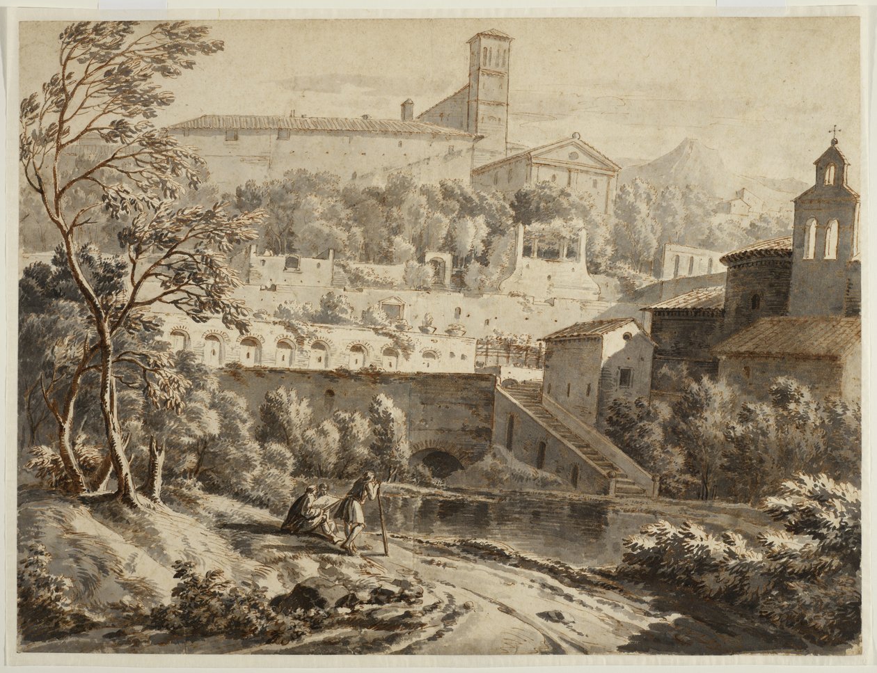 Taiteilija luonnostelee joen rantaa, italialaisen kaupungin alapuolella, n. 1780 (muste ja pesu levitetylle paperille, jälkiä mustasta liidusta) tekijältä Jean Antoine Constantin