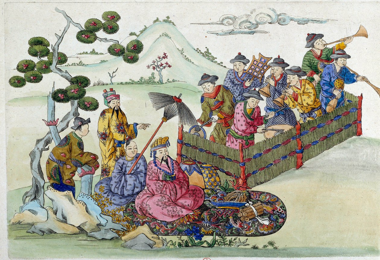 Konsertti puutarhassa. Piirustus on peräisin kiinalaisesta maljakosta. Jean Antoine Fraissen maalaus (1700-luku) tekijältä Jean Antoine Fraisse